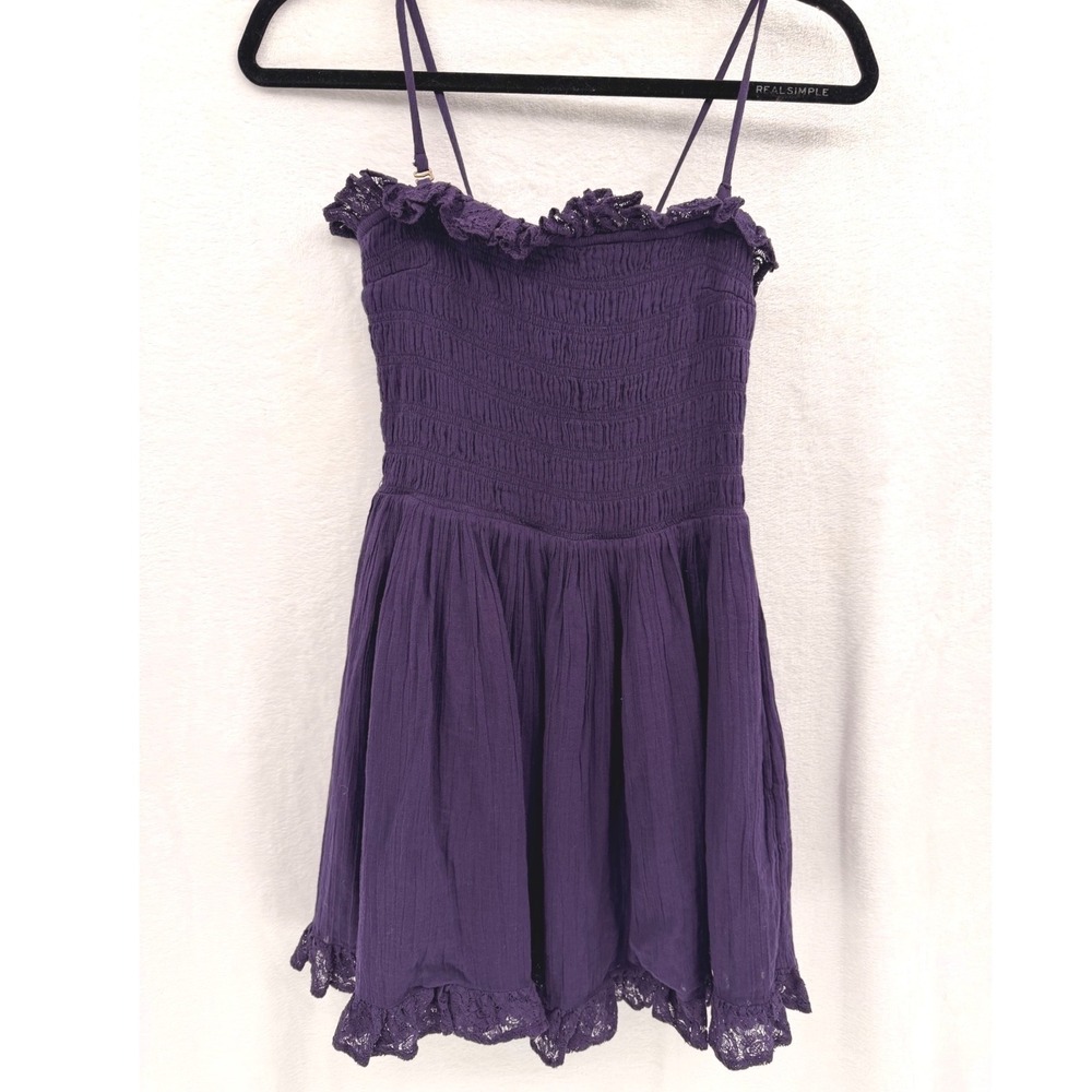 Free People XS Purple Smocked Gauze Mini Dress Boho Lace Trim Tie Back Fairy